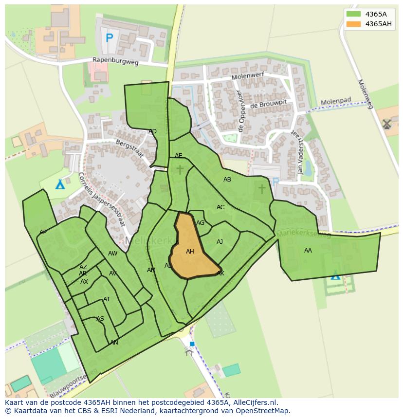 Afbeelding van het postcodegebied 4365 AH op de kaart.