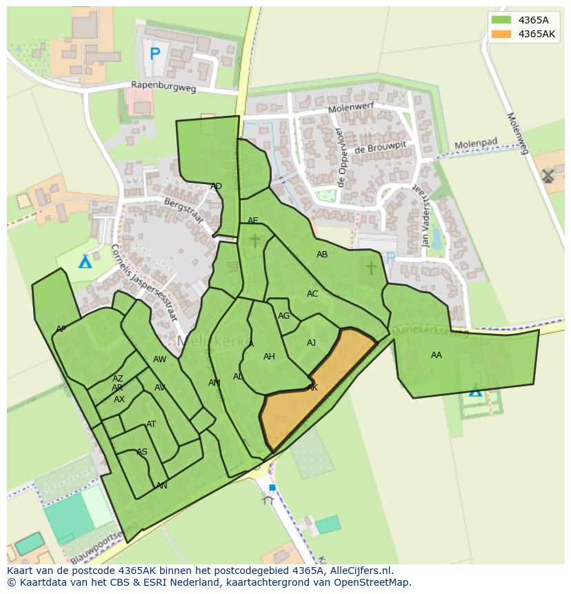 Afbeelding van het postcodegebied 4365 AK op de kaart.