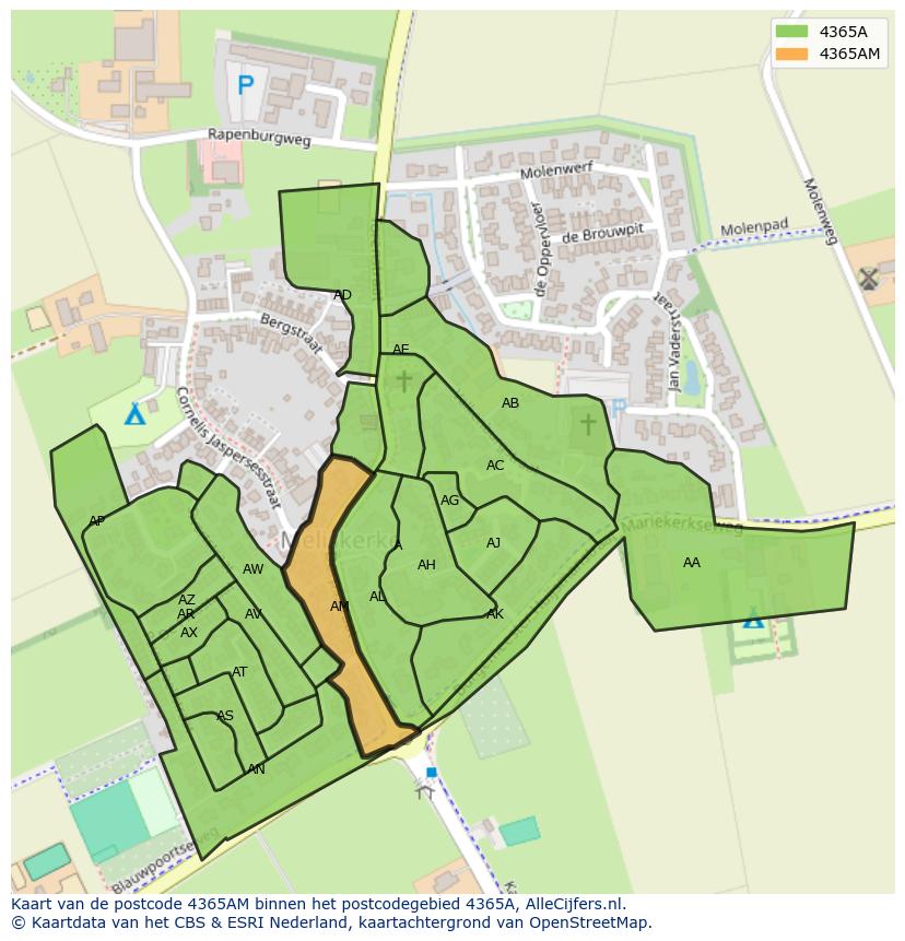 Afbeelding van het postcodegebied 4365 AM op de kaart.