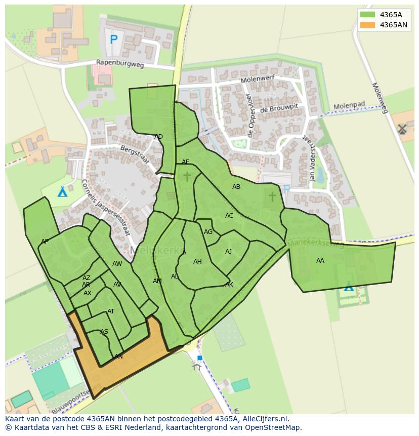 Afbeelding van het postcodegebied 4365 AN op de kaart.