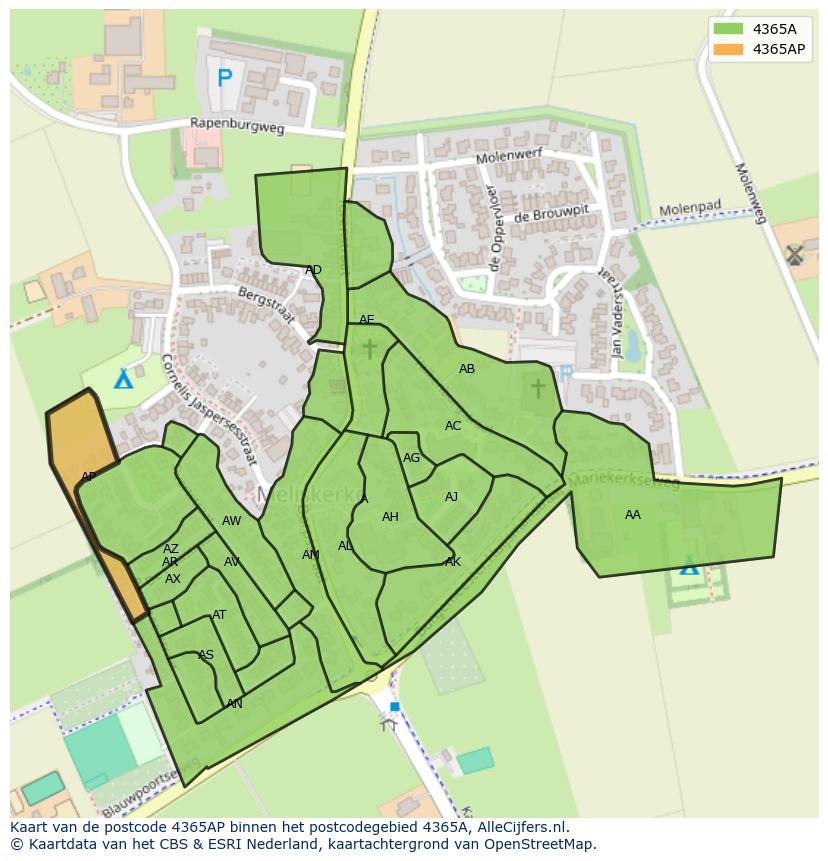 Afbeelding van het postcodegebied 4365 AP op de kaart.