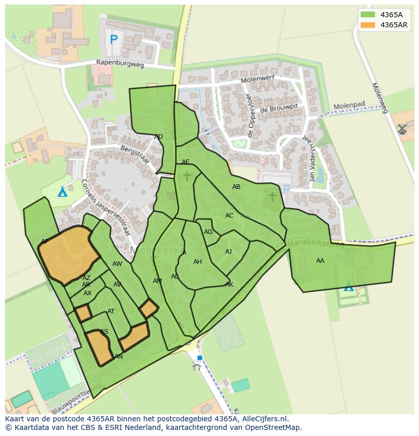 Afbeelding van het postcodegebied 4365 AR op de kaart.