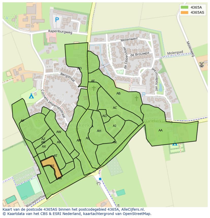 Afbeelding van het postcodegebied 4365 AS op de kaart.