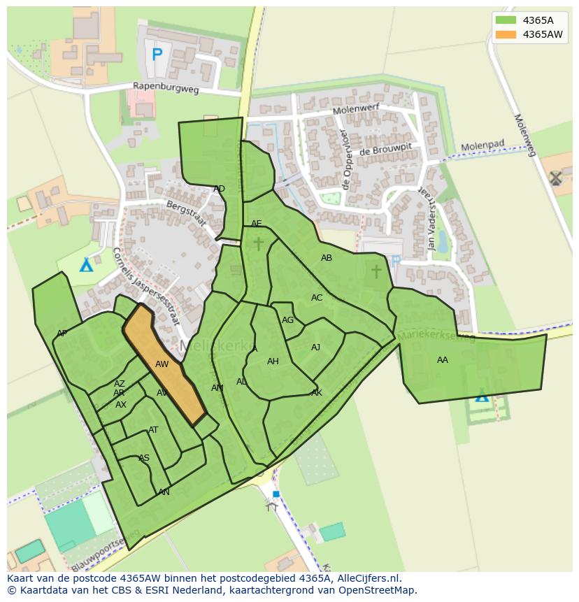 Afbeelding van het postcodegebied 4365 AW op de kaart.
