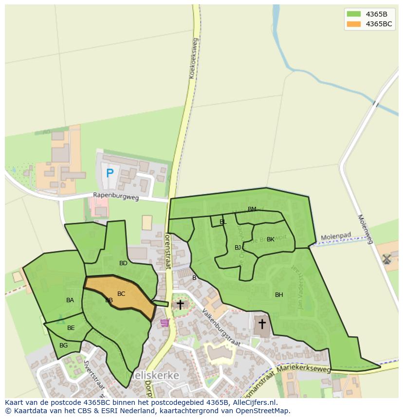 Afbeelding van het postcodegebied 4365 BC op de kaart.