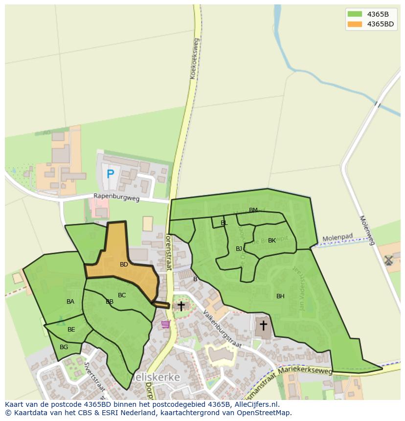 Afbeelding van het postcodegebied 4365 BD op de kaart.