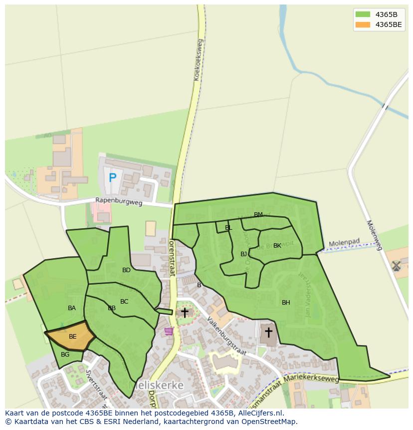 Afbeelding van het postcodegebied 4365 BE op de kaart.