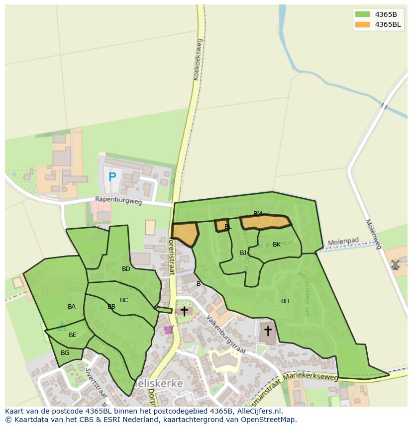Afbeelding van het postcodegebied 4365 BL op de kaart.
