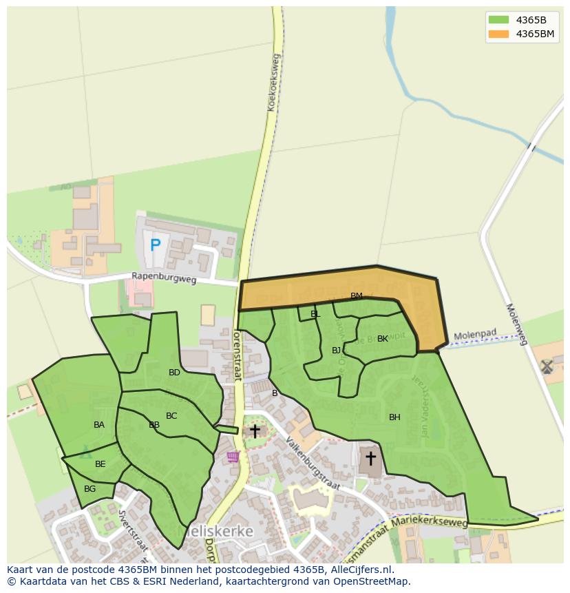 Afbeelding van het postcodegebied 4365 BM op de kaart.