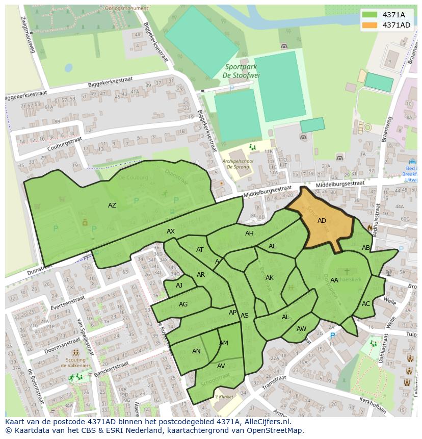 Afbeelding van het postcodegebied 4371 AD op de kaart.