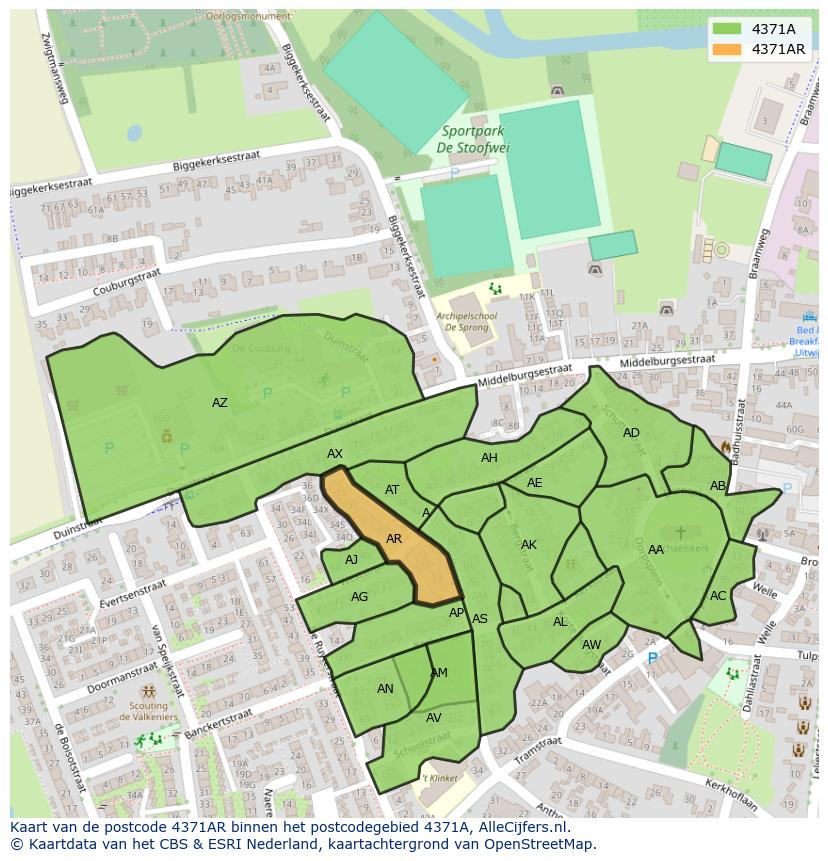 Afbeelding van het postcodegebied 4371 AR op de kaart.