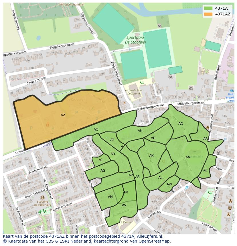 Afbeelding van het postcodegebied 4371 AZ op de kaart.