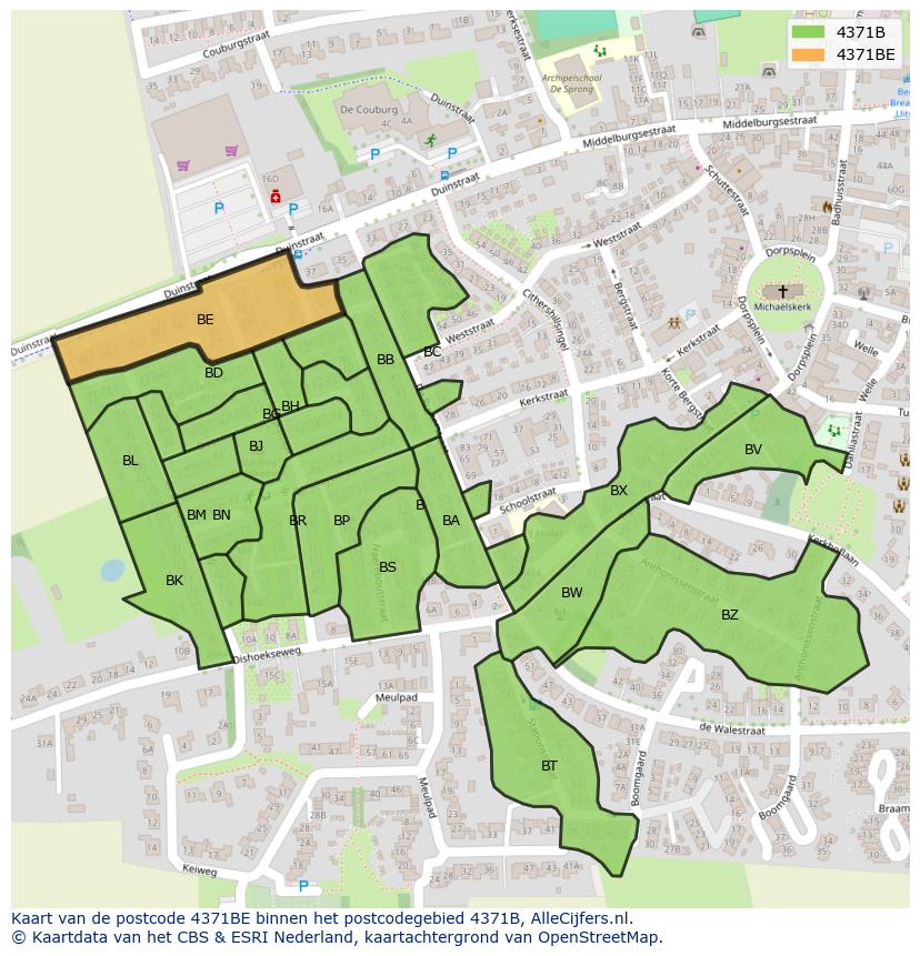 Afbeelding van het postcodegebied 4371 BE op de kaart.