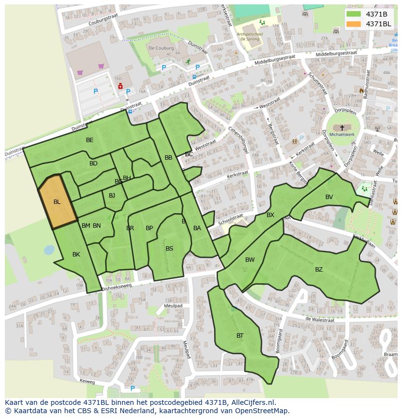 Afbeelding van het postcodegebied 4371 BL op de kaart.