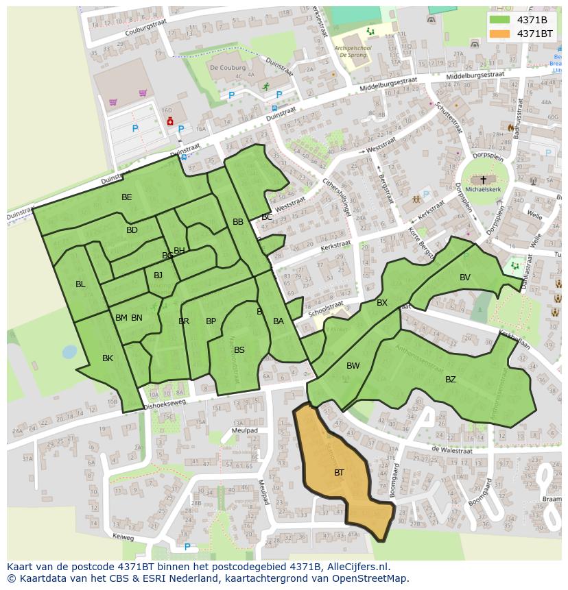 Afbeelding van het postcodegebied 4371 BT op de kaart.
