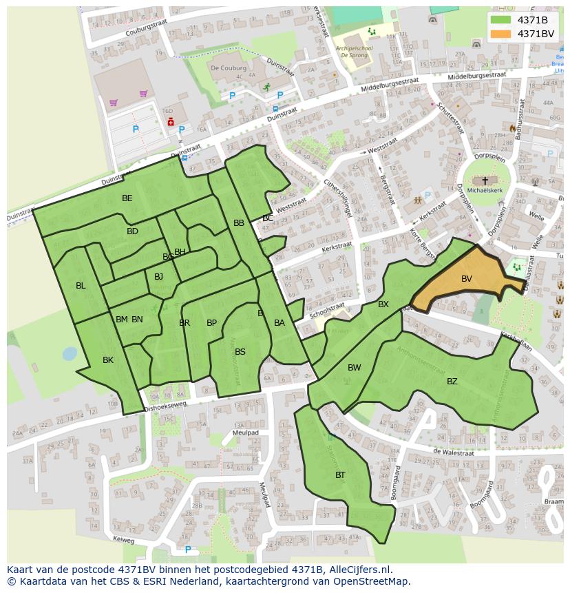 Afbeelding van het postcodegebied 4371 BV op de kaart.