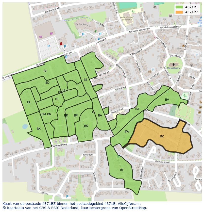 Afbeelding van het postcodegebied 4371 BZ op de kaart.