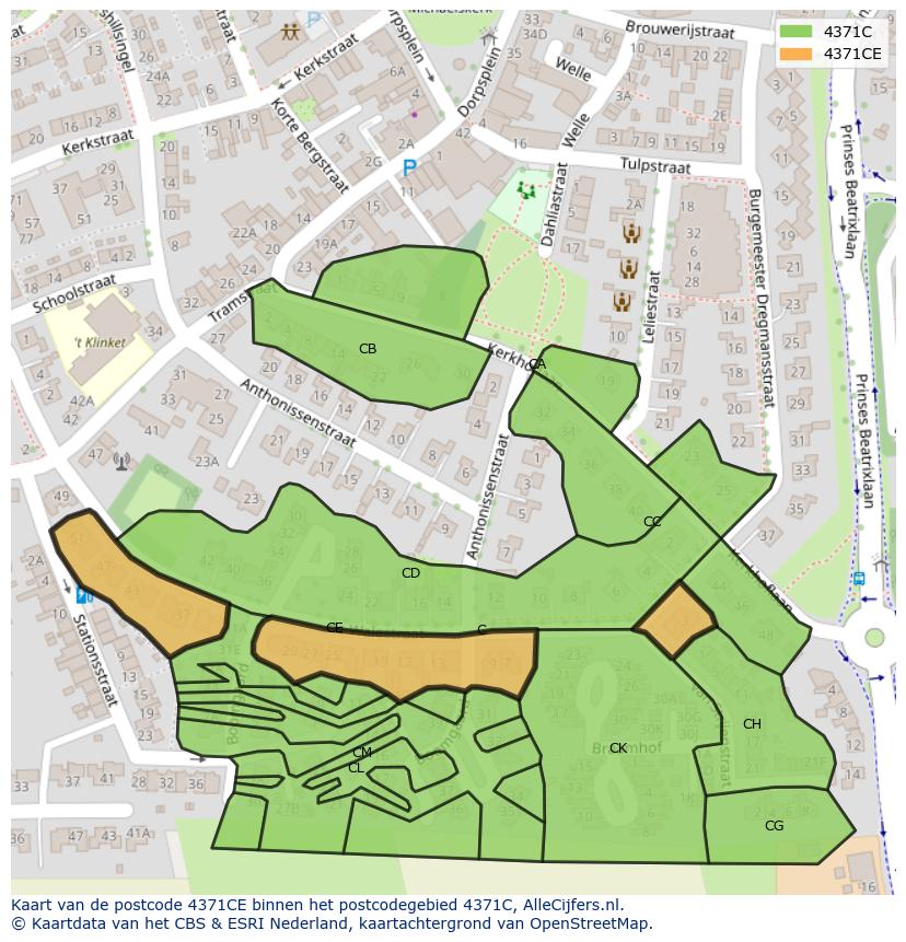 Afbeelding van het postcodegebied 4371 CE op de kaart.