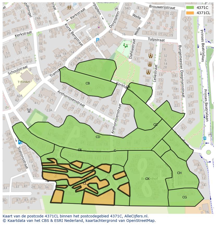Afbeelding van het postcodegebied 4371 CL op de kaart.