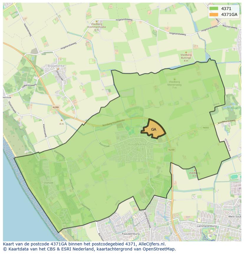Afbeelding van het postcodegebied 4371 GA op de kaart.