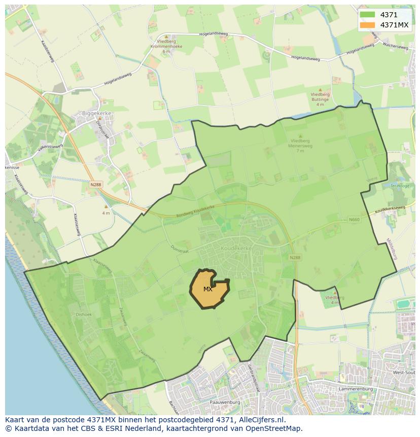 Afbeelding van het postcodegebied 4371 MX op de kaart.