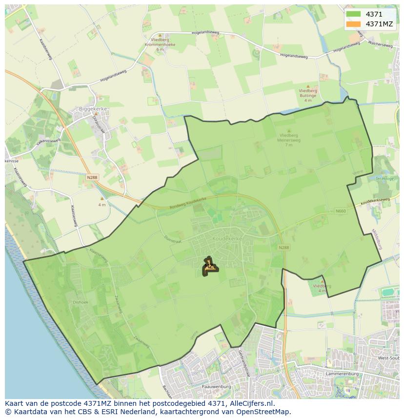 Afbeelding van het postcodegebied 4371 MZ op de kaart.