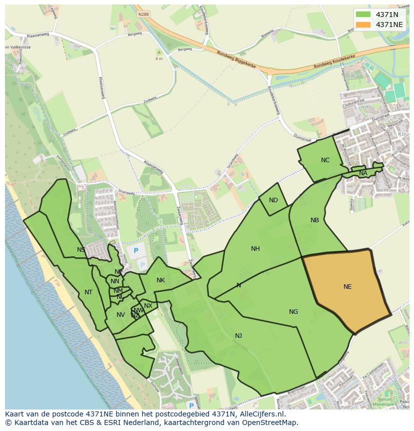 Afbeelding van het postcodegebied 4371 NE op de kaart.