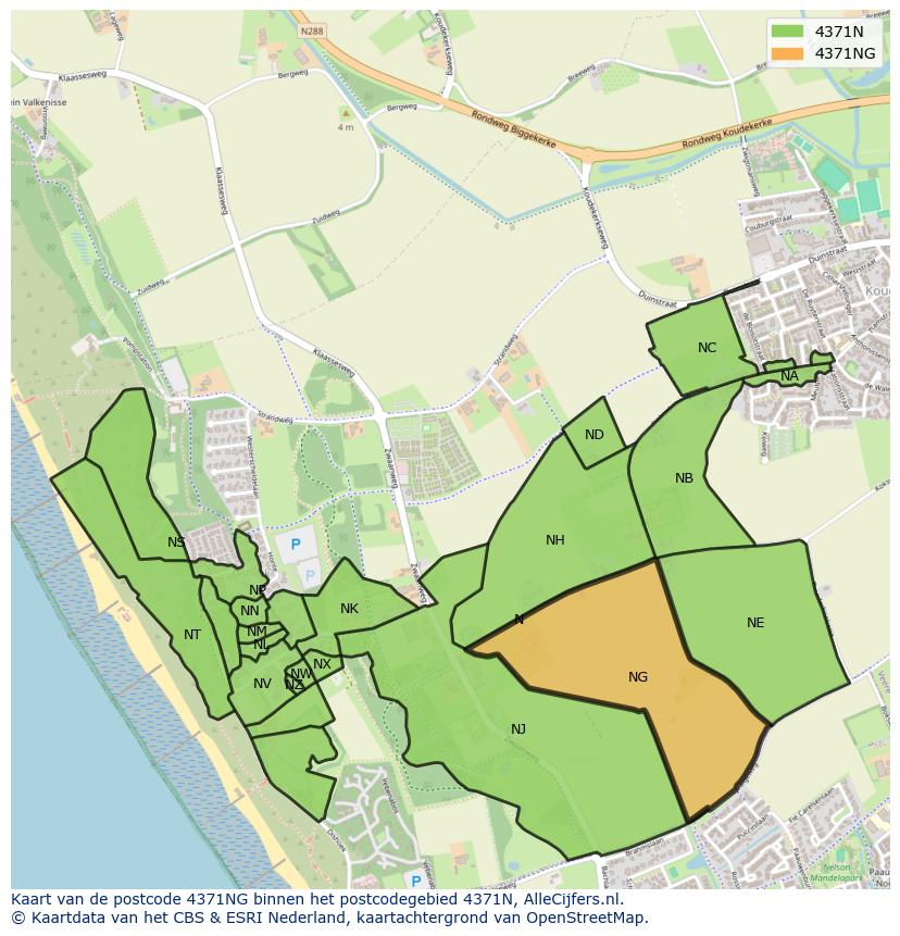 Afbeelding van het postcodegebied 4371 NG op de kaart.