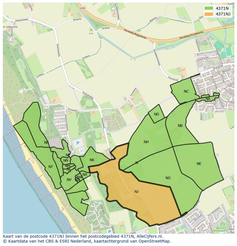 Afbeelding van het postcodegebied 4371 NJ op de kaart.