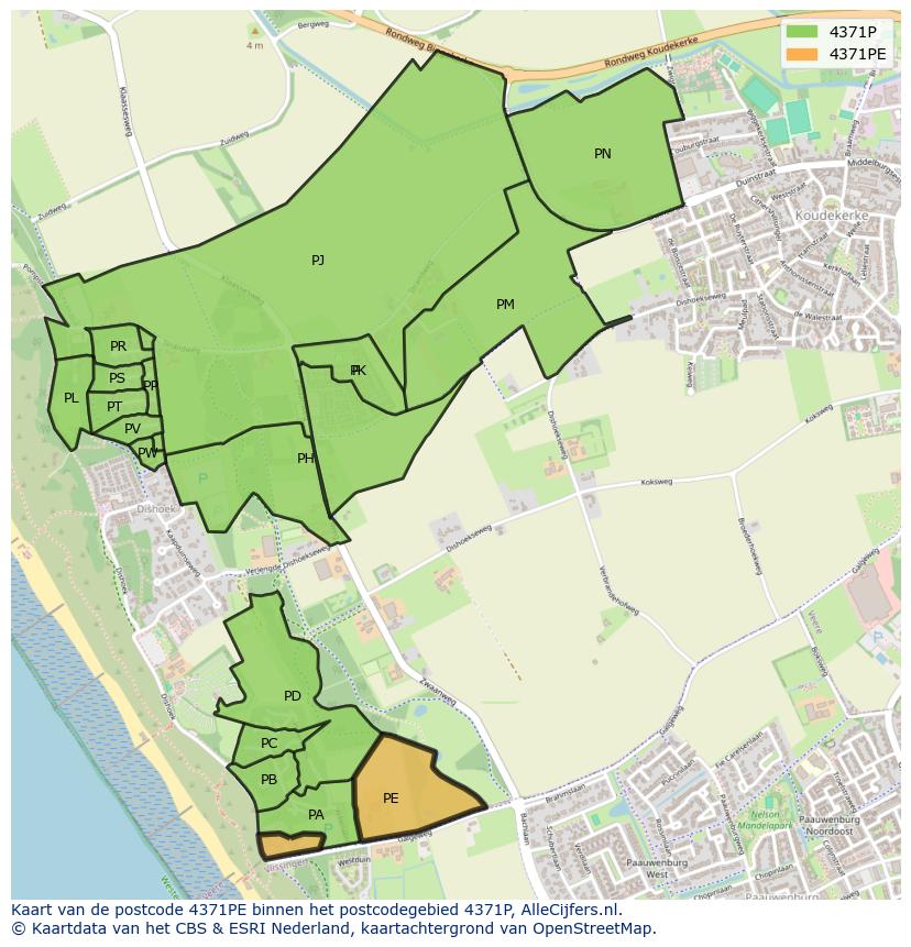 Afbeelding van het postcodegebied 4371 PE op de kaart.