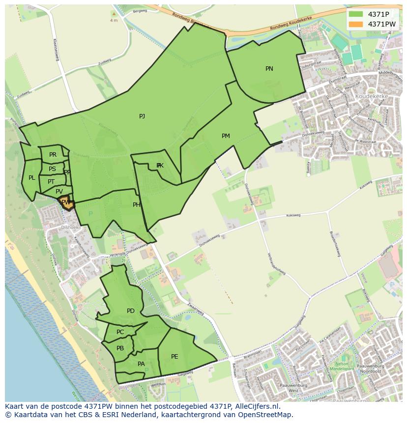 Afbeelding van het postcodegebied 4371 PW op de kaart.