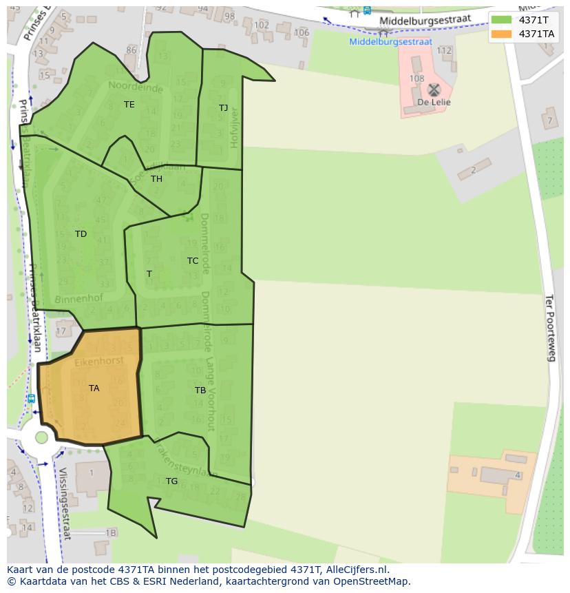 Afbeelding van het postcodegebied 4371 TA op de kaart.