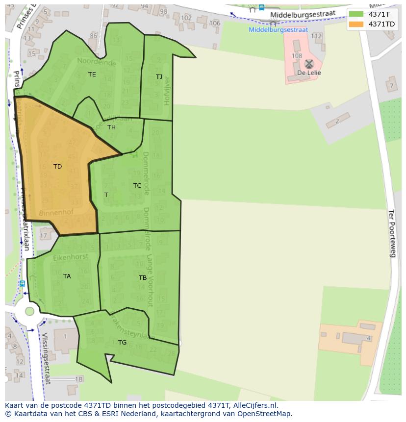 Afbeelding van het postcodegebied 4371 TD op de kaart.