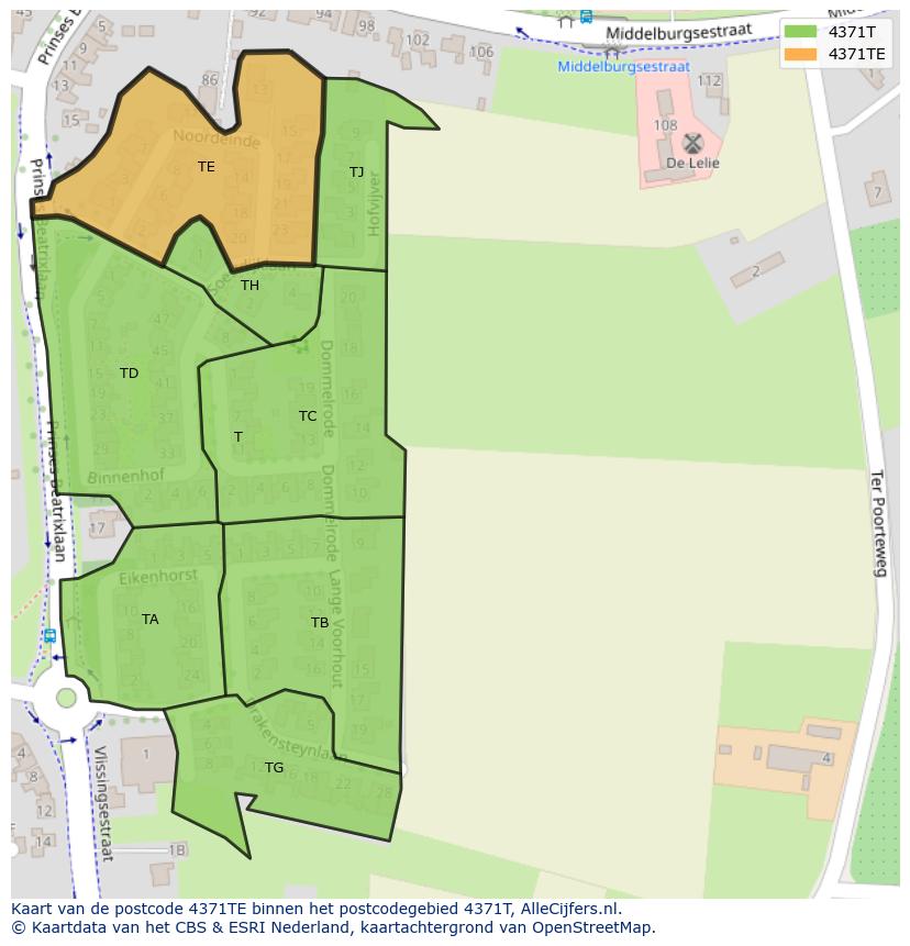 Afbeelding van het postcodegebied 4371 TE op de kaart.