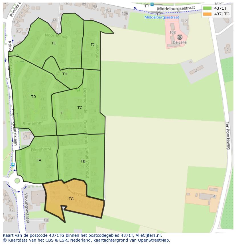 Afbeelding van het postcodegebied 4371 TG op de kaart.