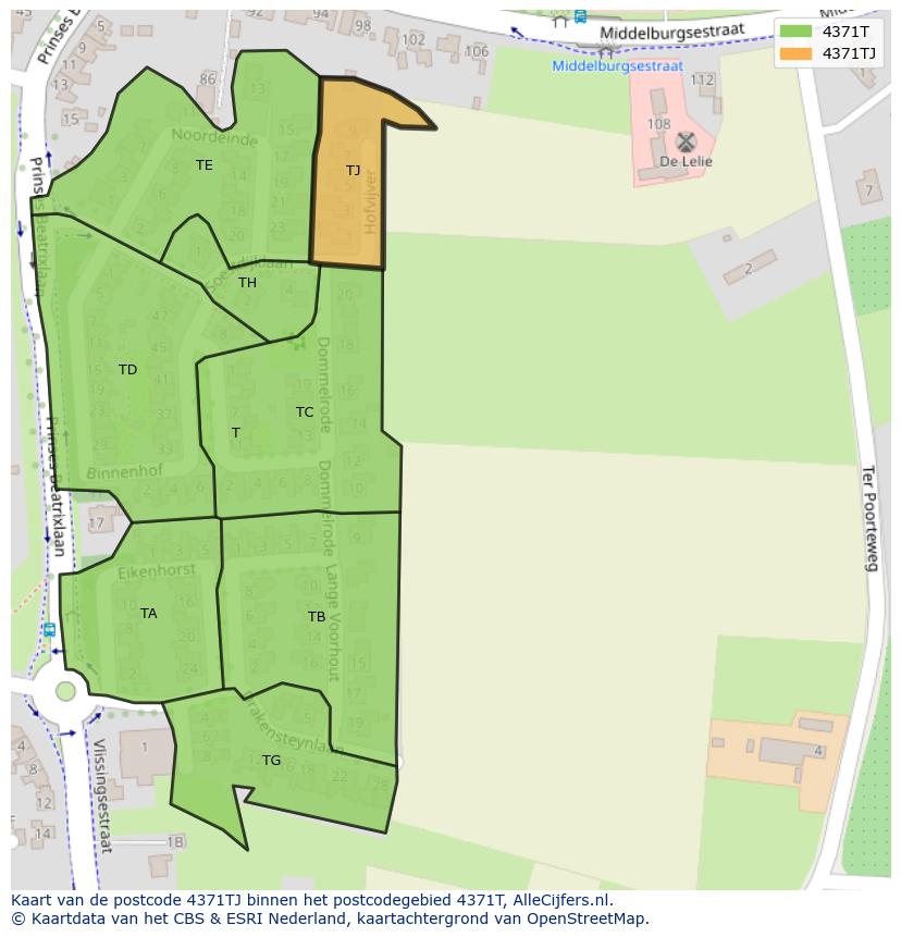 Afbeelding van het postcodegebied 4371 TJ op de kaart.