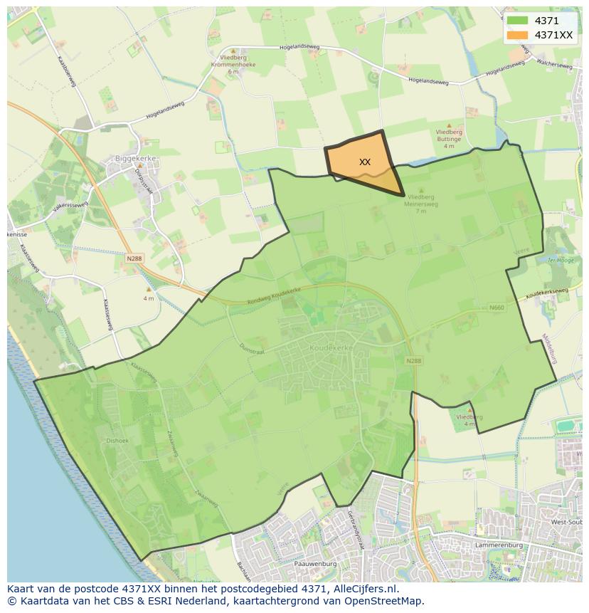 Afbeelding van het postcodegebied 4371 XX op de kaart.
