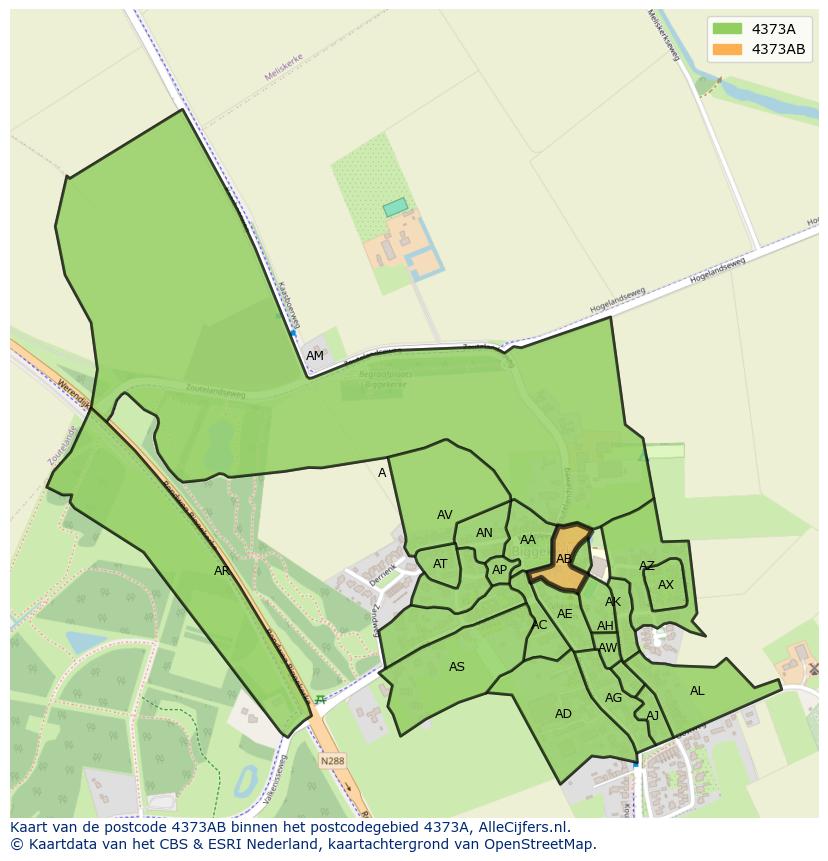 Afbeelding van het postcodegebied 4373 AB op de kaart.