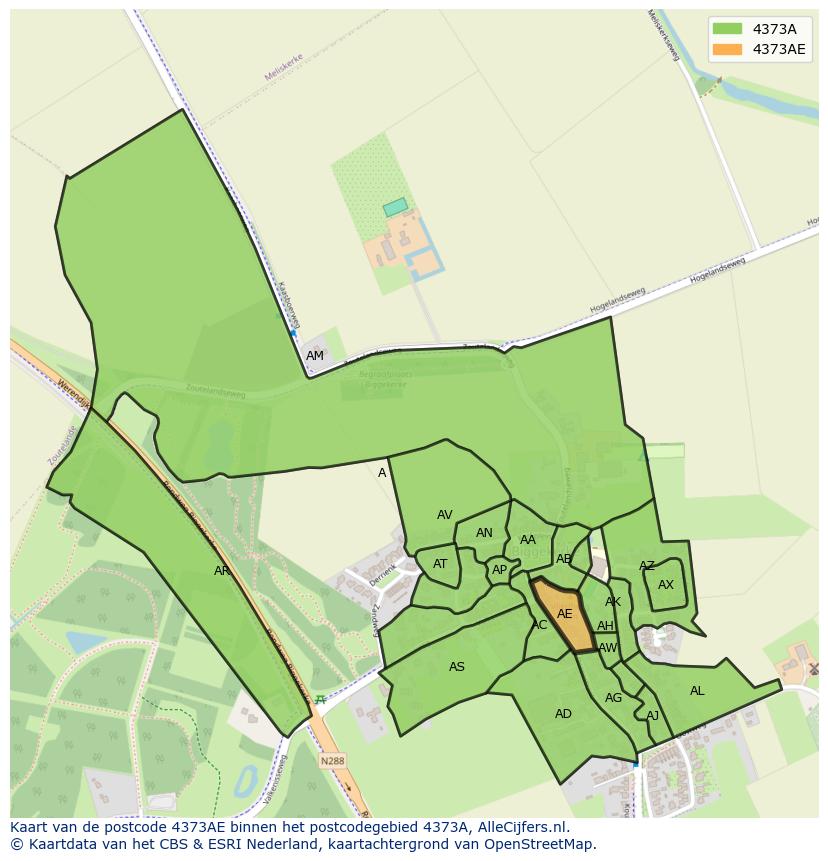 Afbeelding van het postcodegebied 4373 AE op de kaart.