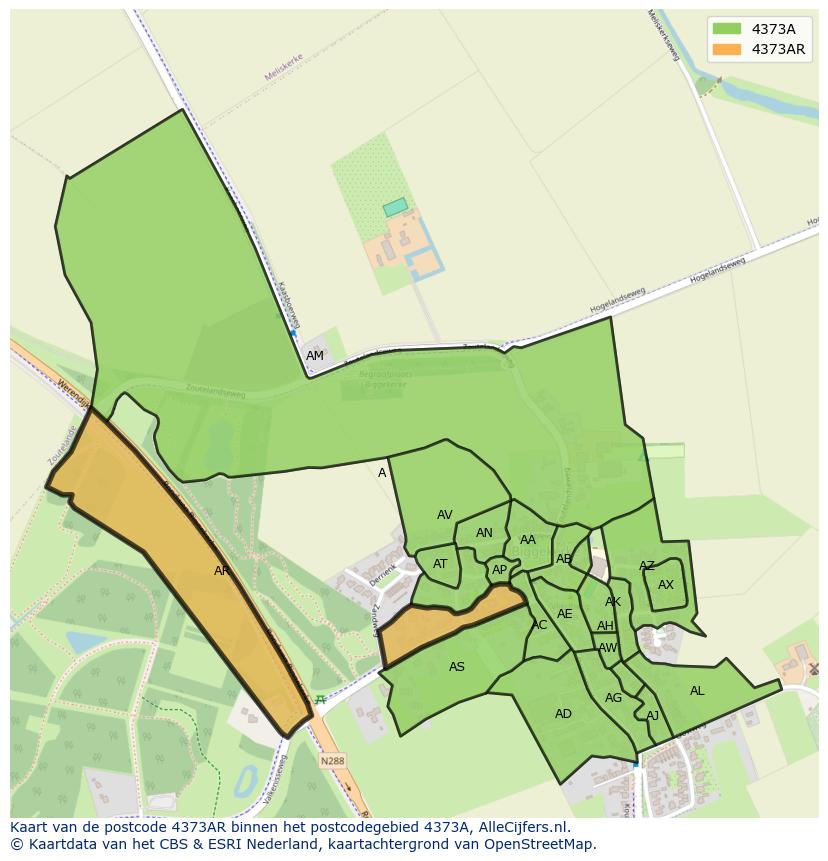 Afbeelding van het postcodegebied 4373 AR op de kaart.