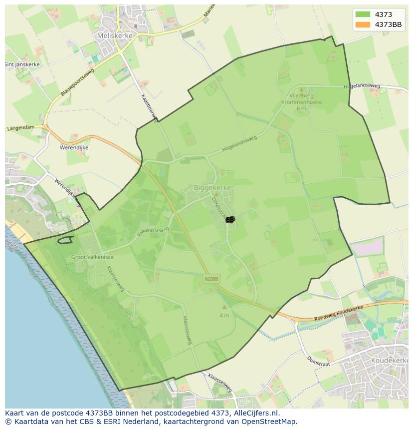 Afbeelding van het postcodegebied 4373 BB op de kaart.