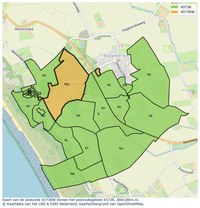 Afbeelding van het postcodegebied 4373 RW op de kaart.