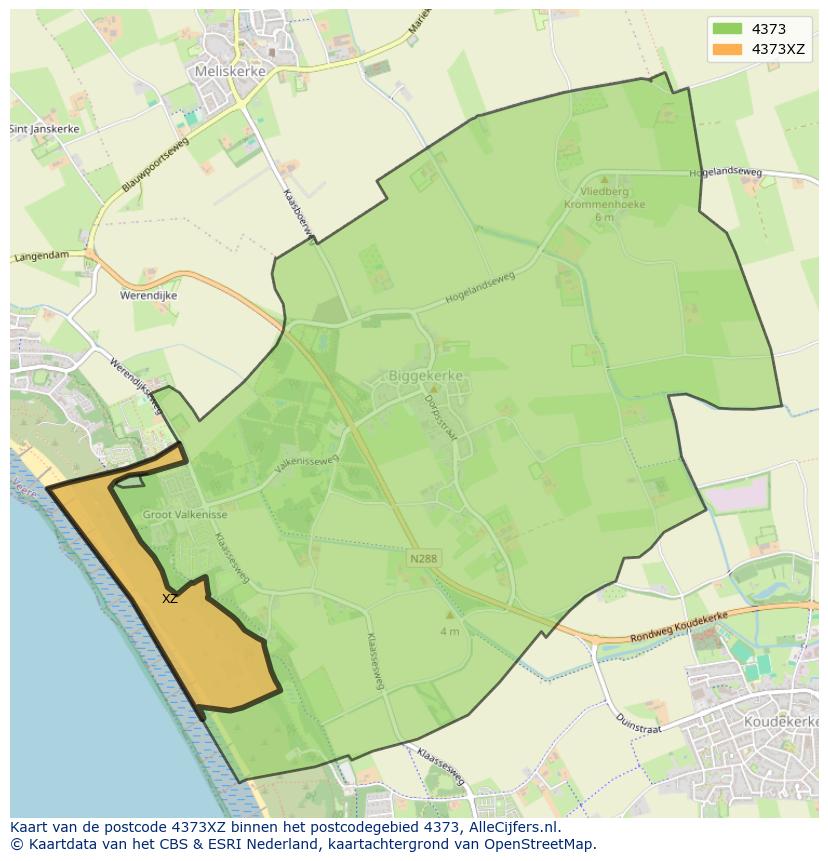 Afbeelding van het postcodegebied 4373 XZ op de kaart.