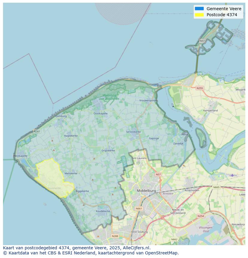Afbeelding van het postcodegebied 4374 op de kaart.
