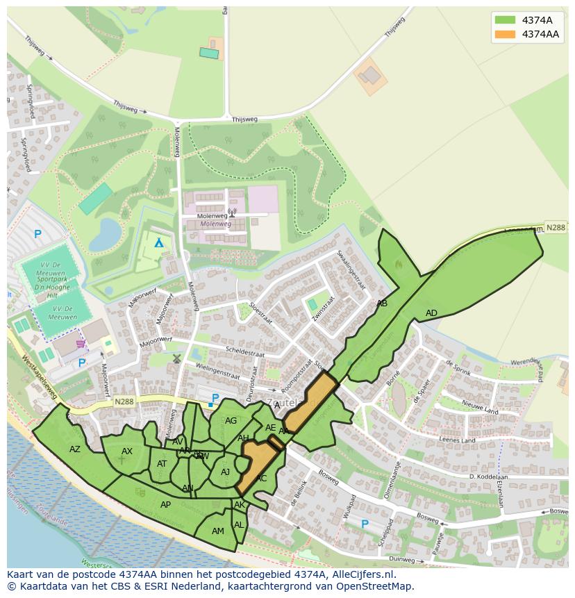 Afbeelding van het postcodegebied 4374 AA op de kaart.