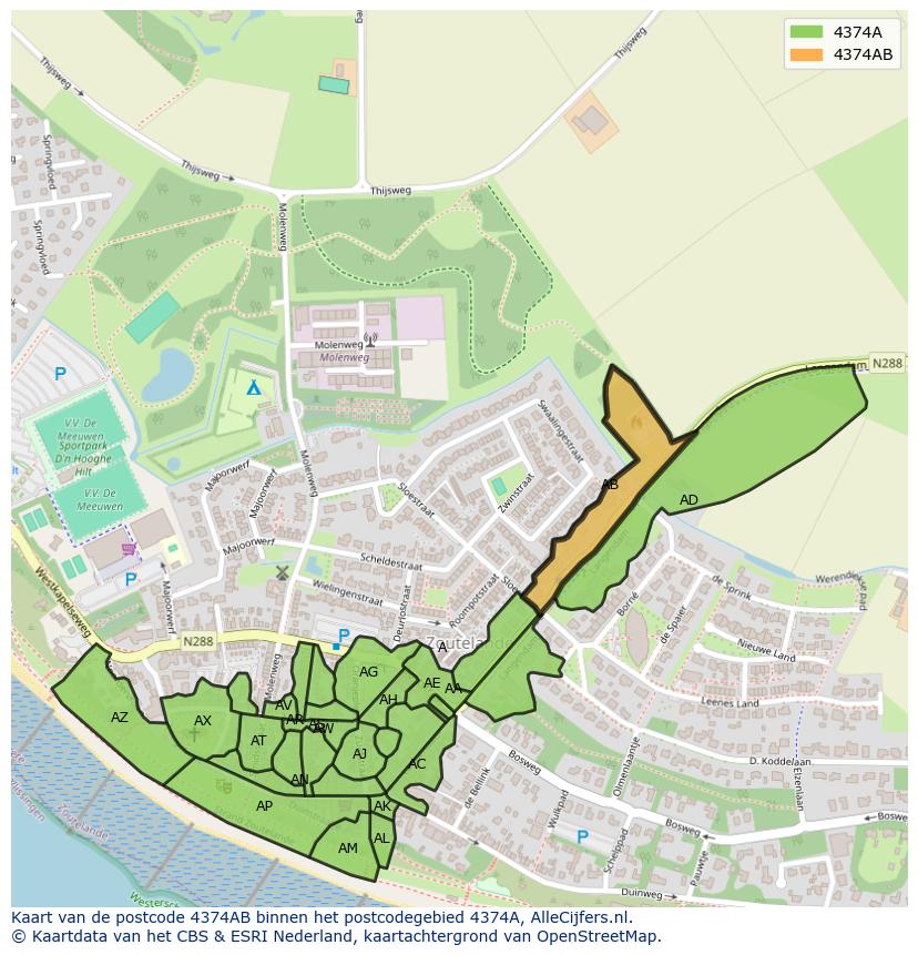 Afbeelding van het postcodegebied 4374 AB op de kaart.