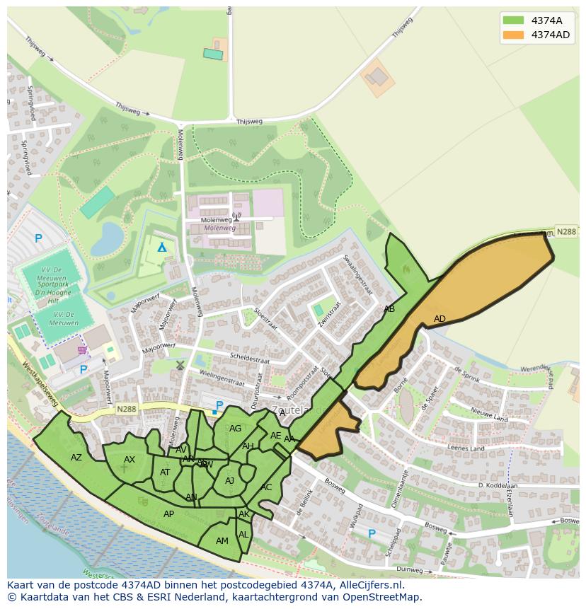 Afbeelding van het postcodegebied 4374 AD op de kaart.