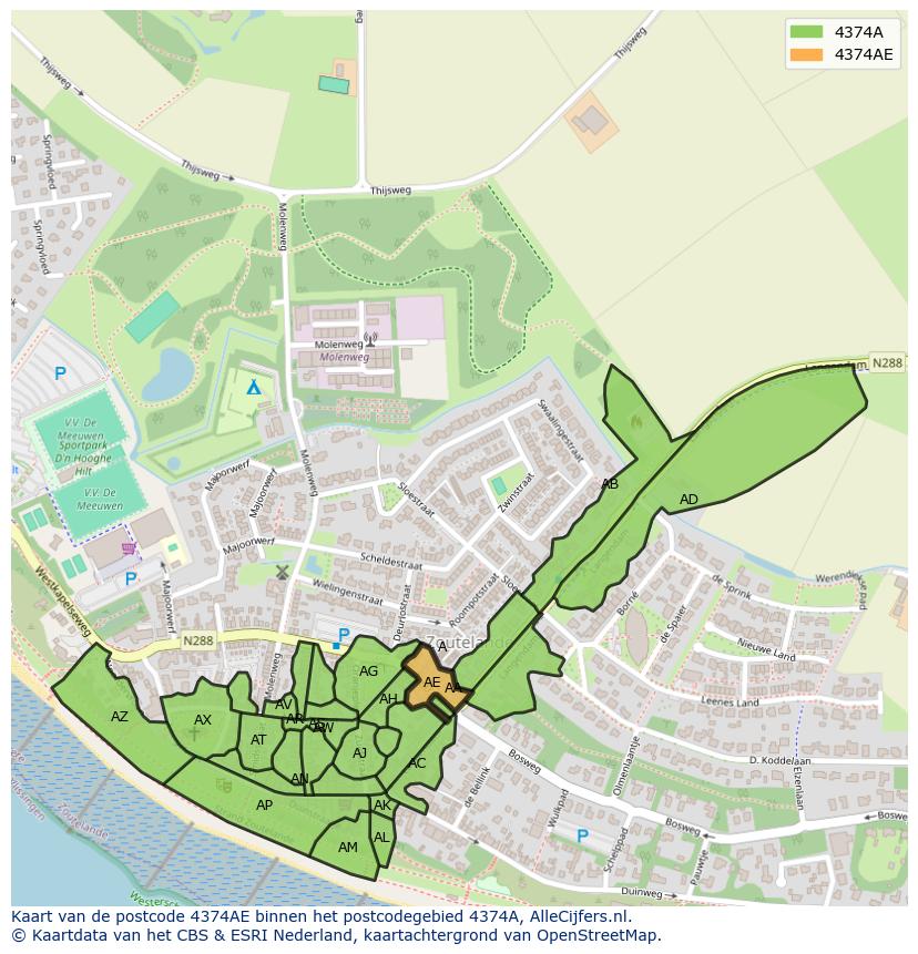 Afbeelding van het postcodegebied 4374 AE op de kaart.