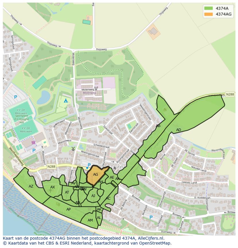 Afbeelding van het postcodegebied 4374 AG op de kaart.