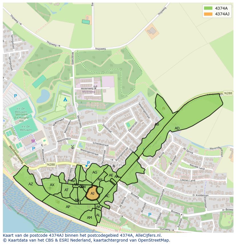Afbeelding van het postcodegebied 4374 AJ op de kaart.